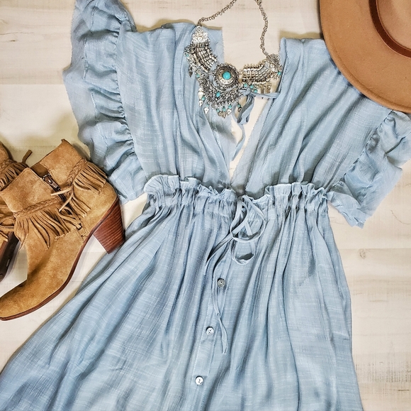 New Flowy Flutter Cover Up Mini Dress Deep Plunge Summer Light Blue - Picture 4 of 10